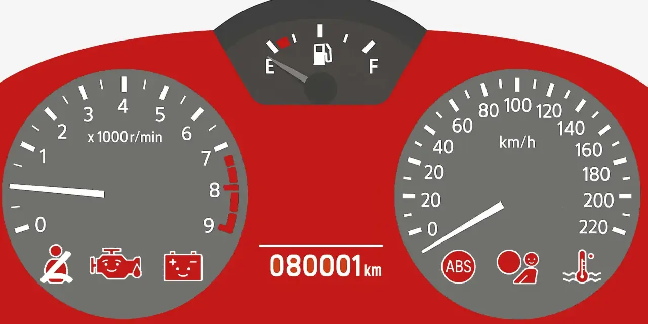 Deska rozdzielcza samochodu z wskaźnikami: paliwa, obrotów, prędkości, przebiegu 080001 km, oraz kontrolkami: pasów, silnika, akumulatora, ABS, poduszki powietrznej i temperatury.