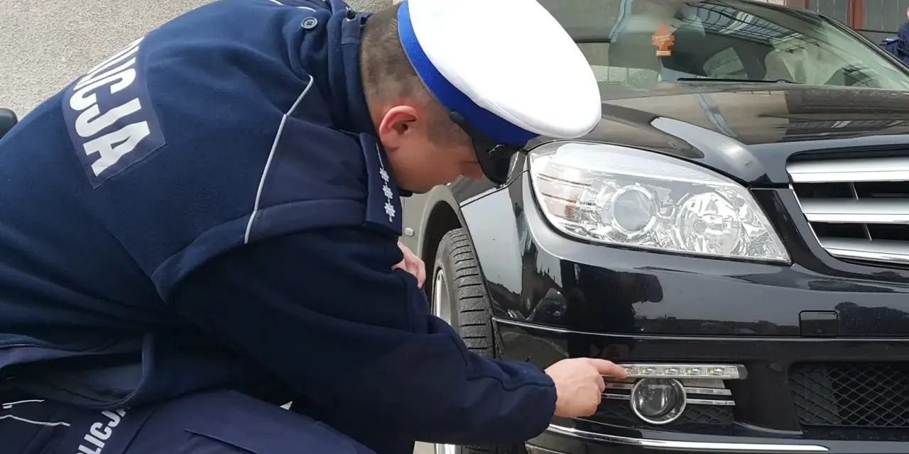 Policjant sprawdza, jakie światła do jazdy dziennej zamontowano w czarnym Mercedesie.