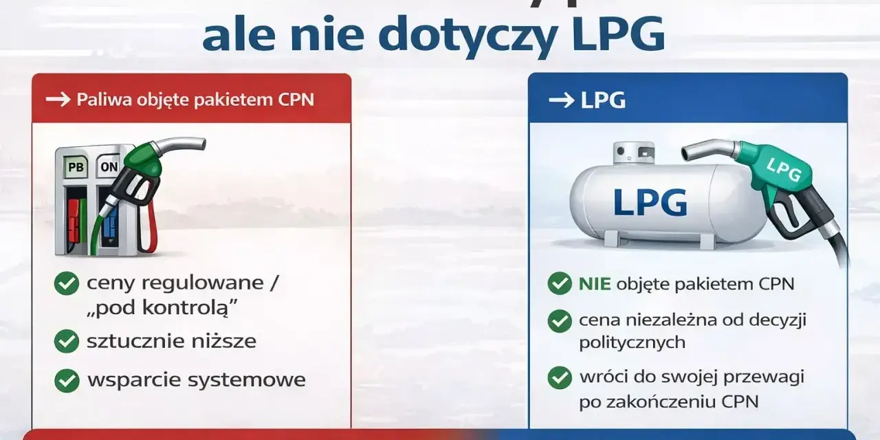 CPN zmienia ceny paliw, ale nie dotyczy to LPG. Na obrazku porównanie paliw objętych pakietem CPN i LPG.