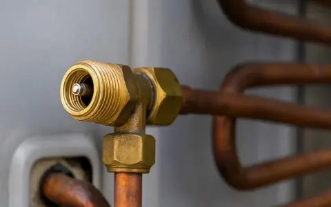 Mosiężny zawór schrader z miedzianymi rurkami, element układu klimatyzacji.