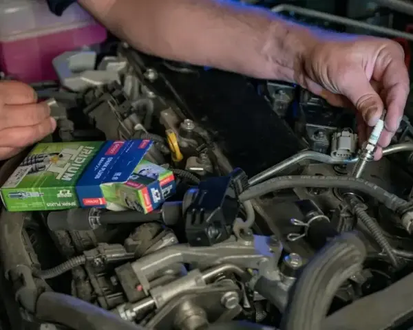 Mechanik wymienia świece zapłonowe w silniku, być może w celu rozwiązania problemu DTC P0300 w Volkswagenie.