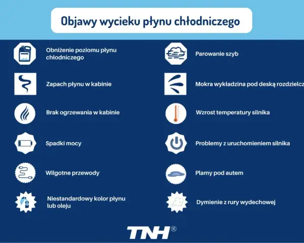 Grafika przedstawia objawy wycieku płynu chłodniczego: ikony i opisy symptomów.