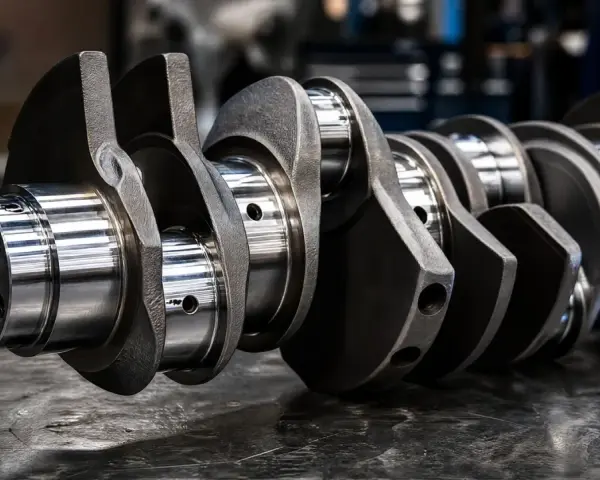 Precyzyjna budowa wału korbowego, kluczowego elementu silnika, ukazana na metalicznej powierzchni.