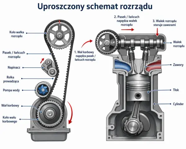 Schemat silnika z widocznym kołem zębatym paska rozrządu, wałkiem rozrządu i tłokiem w cylindrze.