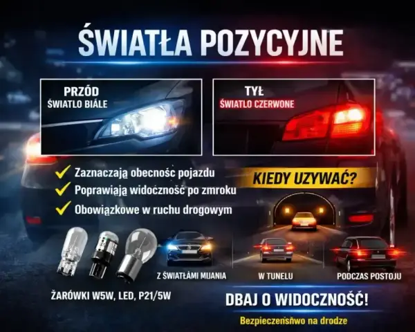 Światła pozycyjne i postojowe: białe z przodu, czerwone z tyłu. Zwiększają widoczność i bezpieczeństwo na drodze.