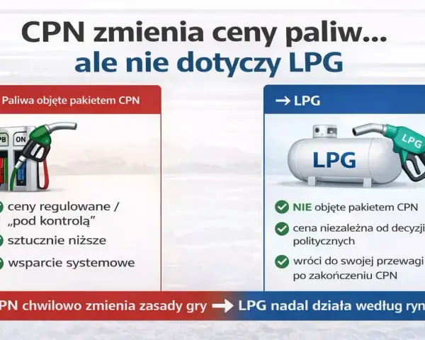 CPN zmienia ceny paliw, ale nie dotyczy to LPG. Na obrazku porównanie paliw objętych pakietem CPN i LPG.