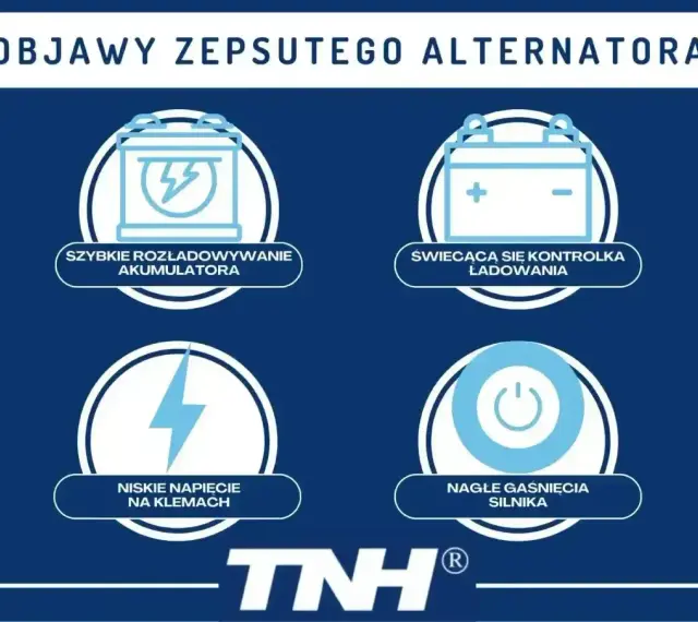 Objawy zepsutego alternatora: szybkie rozładowywanie akumulatora, kontrolka ładowania, niskie napięcie, nagłe gaśnięcie silnika.