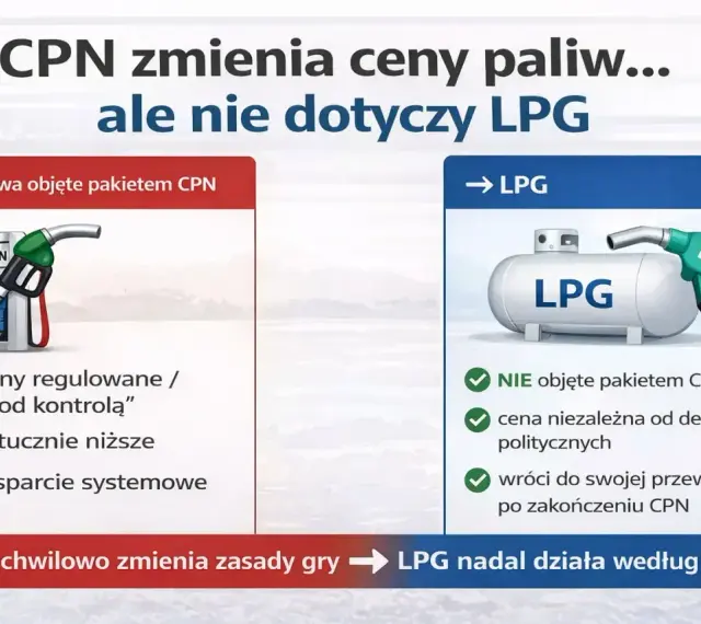 CPN zmienia ceny paliw, ale nie dotyczy to LPG. Na obrazku porównanie paliw objętych pakietem CPN i LPG.