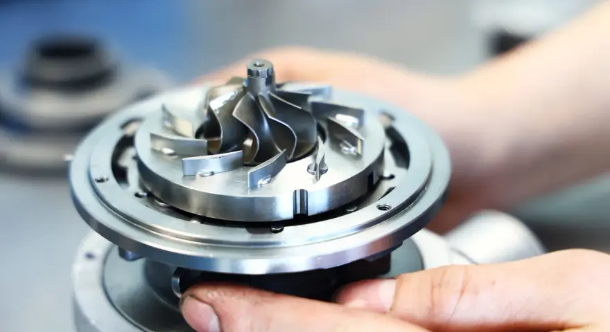 Zbliżenie na turbosprężarkę samochodową, którą trzymają dłonie mechanika.