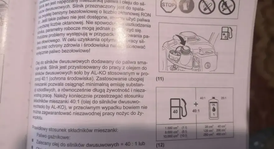 Ile wchodzi oleju do silnika? Instrukcja podaje proporcje 40:1 lub 25:1 w zależności od rodzaju oleju.