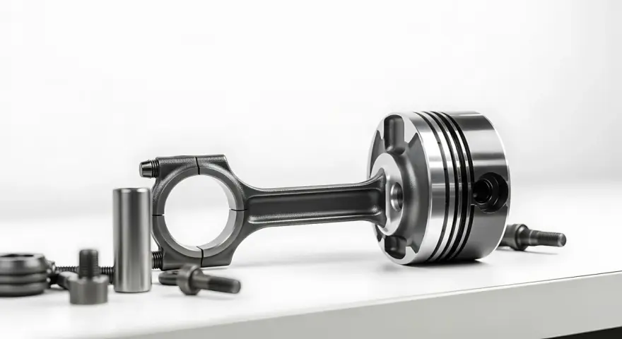 Metalowe tłoki i korbowody, kluczowe elementy silnika, gotowe do montażu.