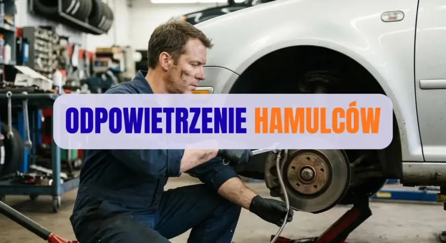 Mechanik w warsztacie wykonuje odpowietrzanie hamulców w samochodzie, dbając o bezpieczeństwo na drodze.