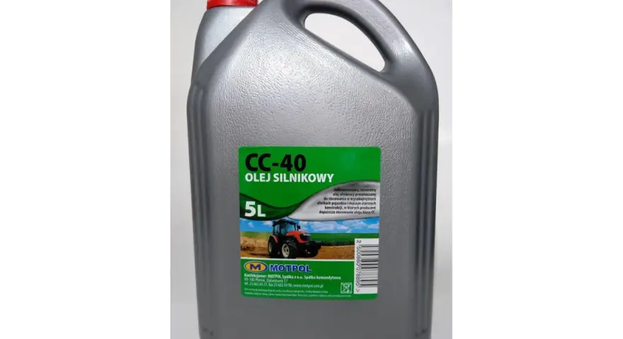 Srebrny kanister oleju silnikowego CC-40 5L marki Motpol. Idealny do starszych maszyn, zapewniający superol cc.