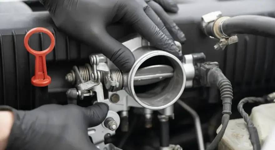 Mechanik w czarnych rękawiczkach sprawdza przepustnicę. Objawy uszkodzonego czujnika położenia przepustnicy mogą być różne.