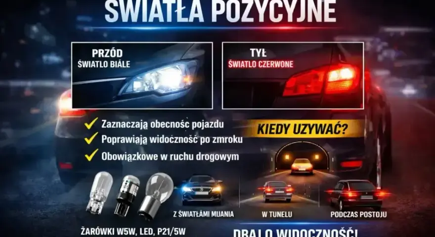 Światła pozycyjne i postojowe: białe z przodu, czerwone z tyłu. Zwiększają widoczność i bezpieczeństwo na drodze.