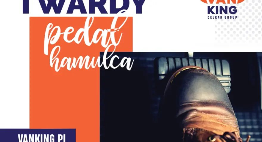 Twardy pedał hamulca. But na pedale, tekst "TWARDY PEDAL HAMULCA", logo Vanking.pl.