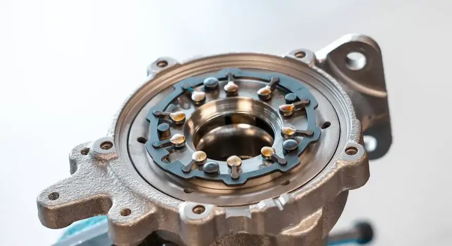 Metalowa obudowa turbosprężarki z widocznym mechanizmem kierownic spalin, kluczowym dla działania biturbo.