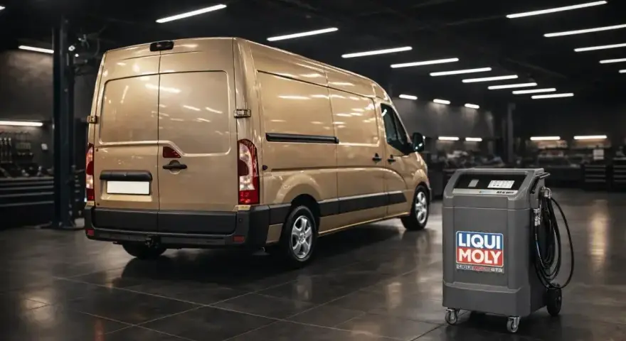 Złoty van w warsztacie obok urządzenia Liqui Moly do wymiany oleju. Idealny do serwisu Master 2.3 ile oleju.