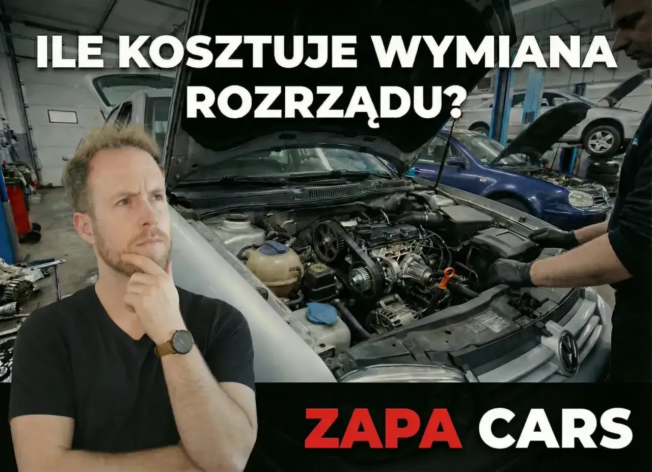 Mężczyzna zastanawia się, co ile wymieniać rozrząd w samochodzie. Mechanik pracuje przy silniku. Logo ZAPA CARS.