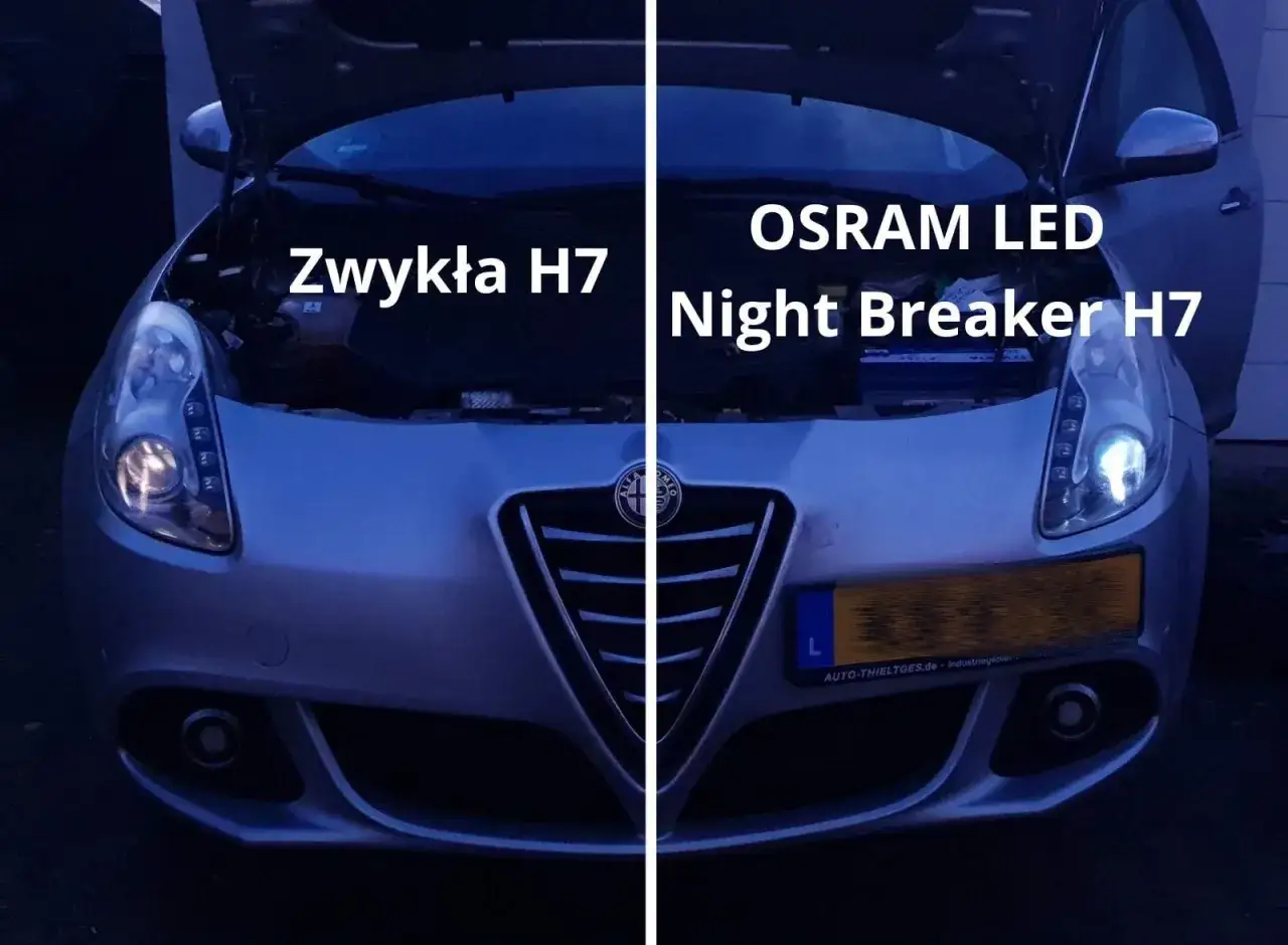 Porównanie zwykłej H7 z OSRAM LED Night Breaker H7. Lepsze żarówki H7 rozjaśniają noc.