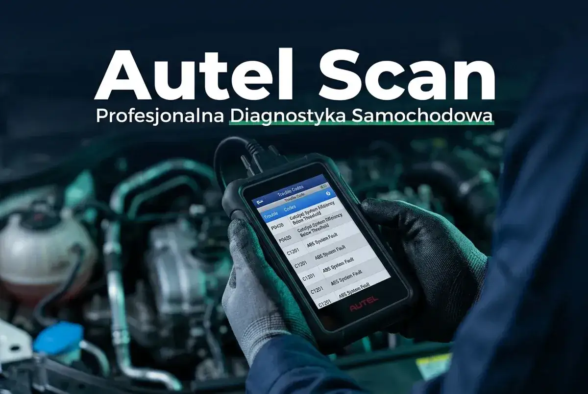 Mechanik z rękawiczkami trzyma skaner eobd, który wyświetla kody błędów silnika i ABS.