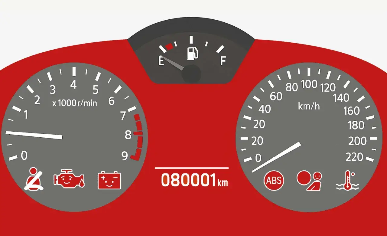 Rozbiegany diesel z przebiegiem 80001 km. Wskaźniki paliwa, obrotów, prędkości, temperatury i kontrolki ABS, pasów, silnika, akumulatora.