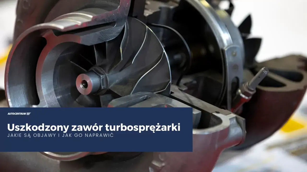 Przekrój turbosprężarki z widocznym wirnikiem i elementami, w tym zawór nadmiarowo upustowy.