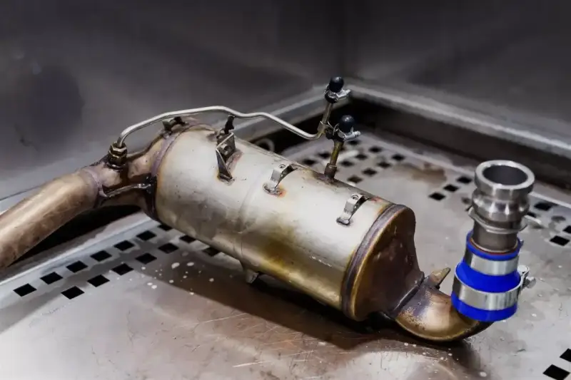 Filtr DPF z widocznymi śladami zużycia, potencjalnie wskazującymi na nieszczelny dolot objawy diesel.
