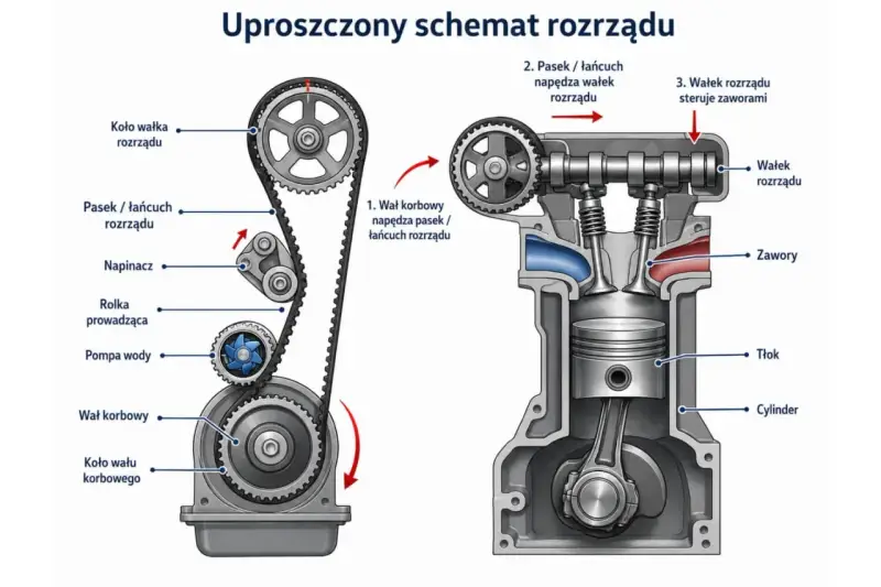 Schemat silnika z widocznym kołem zębatym paska rozrządu, wałkiem rozrządu i tłokiem w cylindrze.