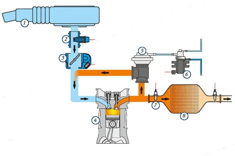 Schemat układu recyrkulacji spalin (EGR) i filtra cząstek stałych (DPF). Widoczny jest przepływ powietrza i spalin przez turbosprężarkę, silnik, zawór EGR i DPF.